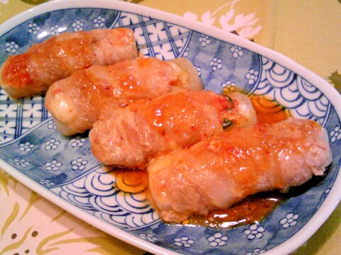 こんにゃくのキムチーズ・豚巻焼き